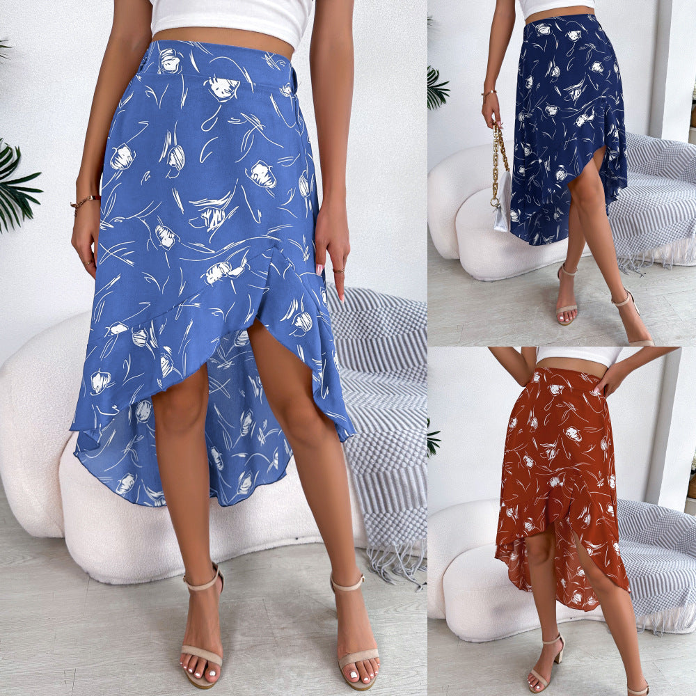 Women's Casual Flower Asymmetric Ruffled Midi Skirt