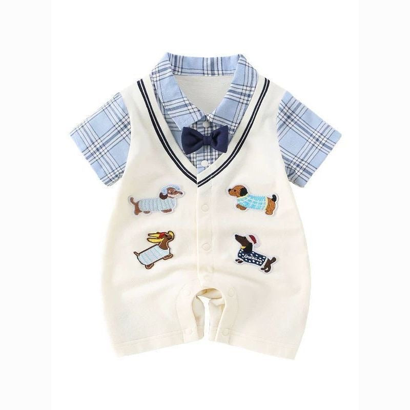College Style Fake Two-piece Bow Tie Romper Cardigan Outwear Jumpsuit, Climbing Suit