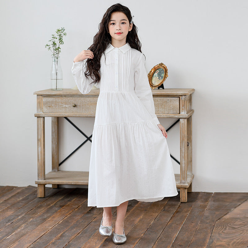 Children's Fashionable Stylish Korean Pleated Blouse Collar Long Children's Dress