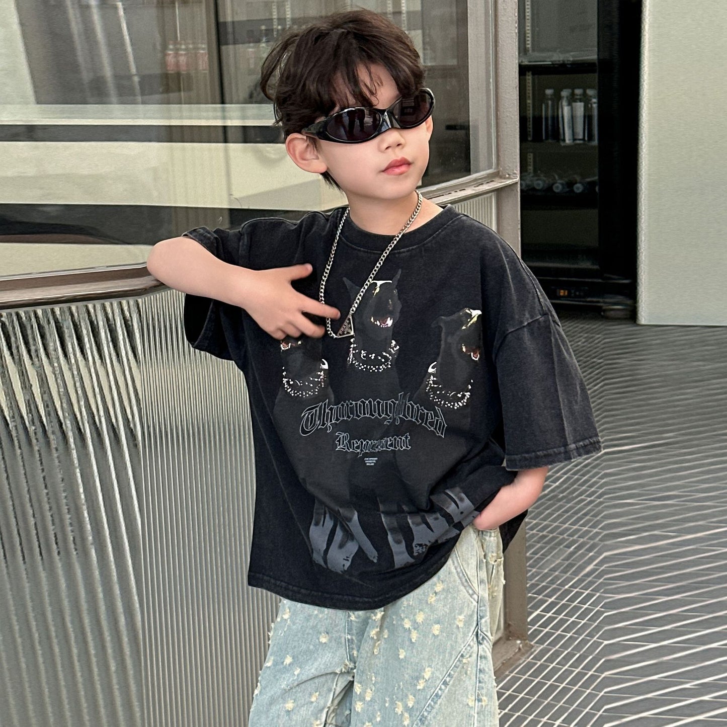 Children's Cartoon Solid Color Summer Boys Korean Style Fashionable Top Short Children's T-shirt
