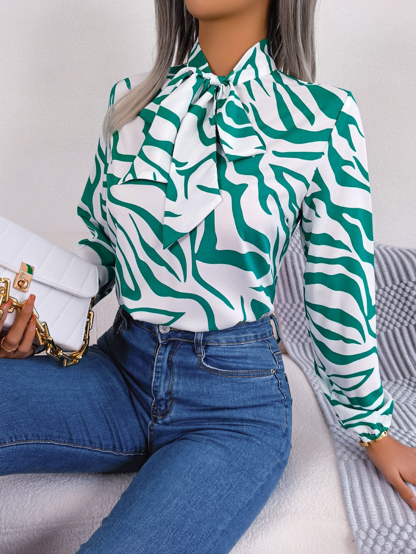 Women's Elegant Contrast Color Striped Lantern Sleeve Lace Shirt, Chiffon Shirt