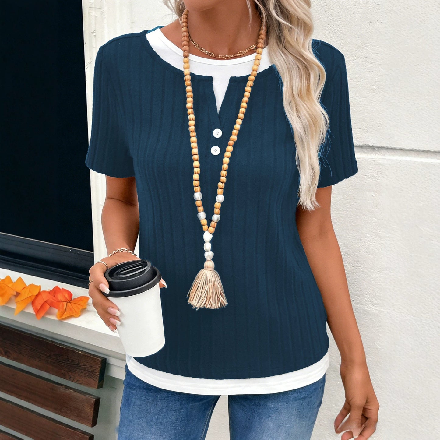 Women's Fake Two-piece Round Neck Button Pullover Shorts