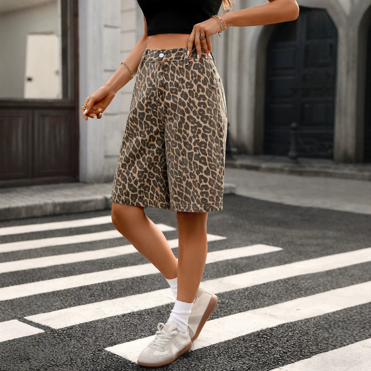 Women's Trade Leopard Print Fashion Cropped Denim Women's Jeans
