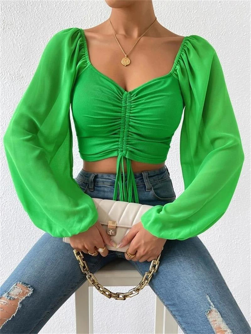 Women's Summer Chiffon Drawstring Lantern Sleeve Skinny Fashion Tops