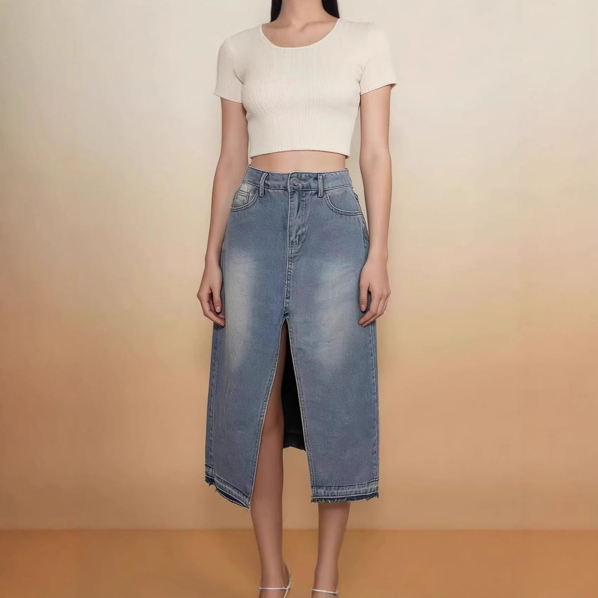 Women's Denim Split Sheath A- Line Slimming Skirts