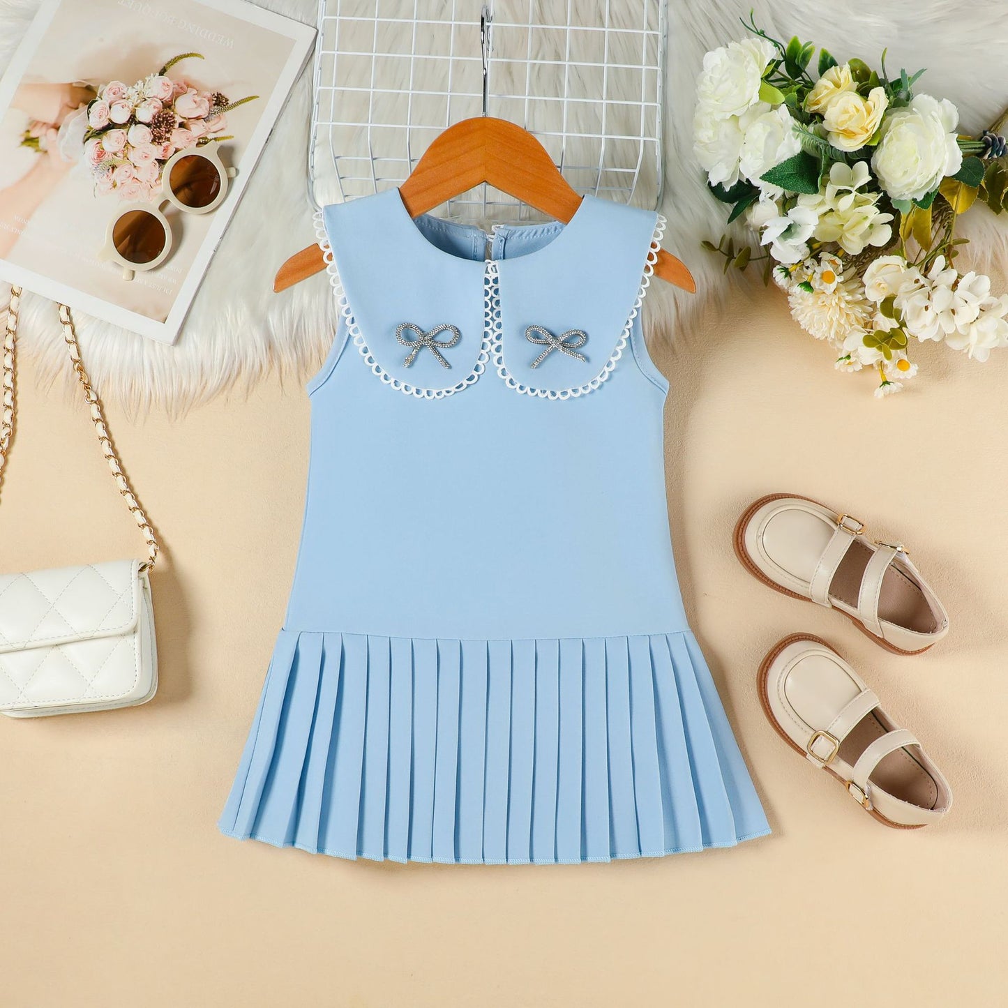 Summer Fashionable Collar Bow Diamond Sleeveless Pleated Skirt Sweet Children's Dress