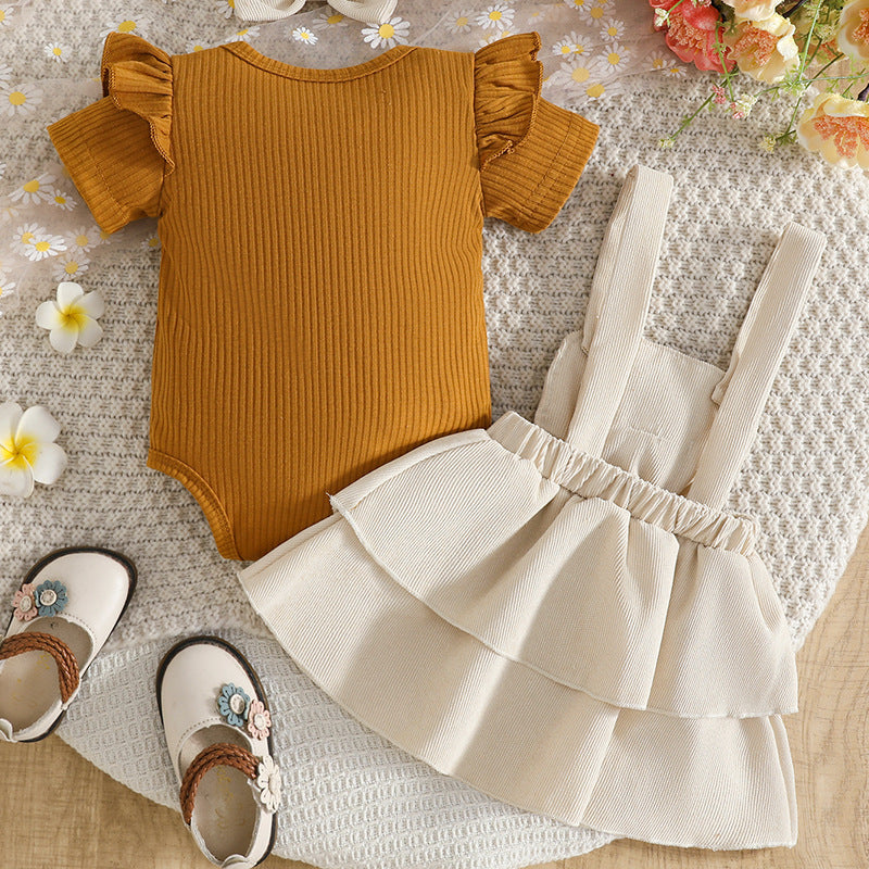 Sleeve Triangle Rompers Bow Embroidered Suspender Dress Headdress Three-piece Children's Suit