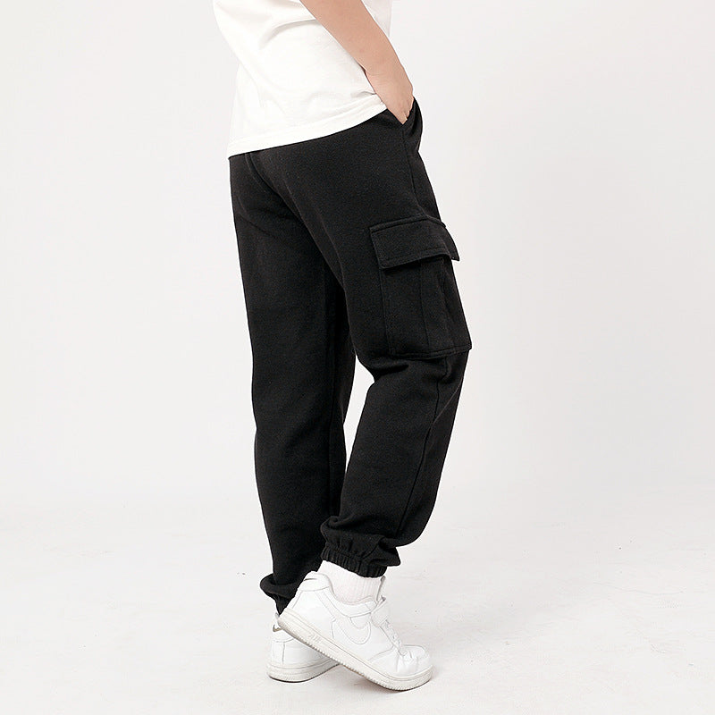 Korean Style Boys Medium Big Solid Color Sports Overalls Female Children's Pants