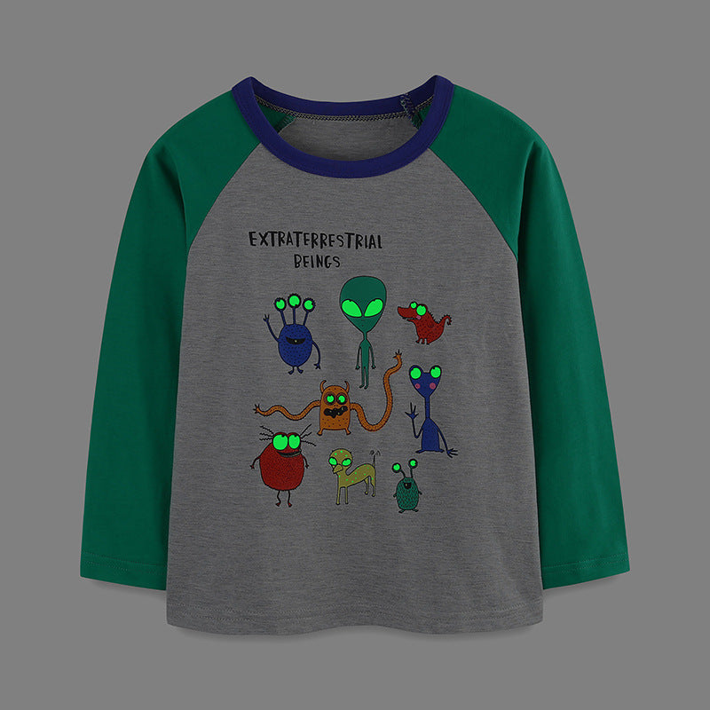 Children's Luminous Boy's Long-sleeved Fun Printing Knitted Children's T-shirt