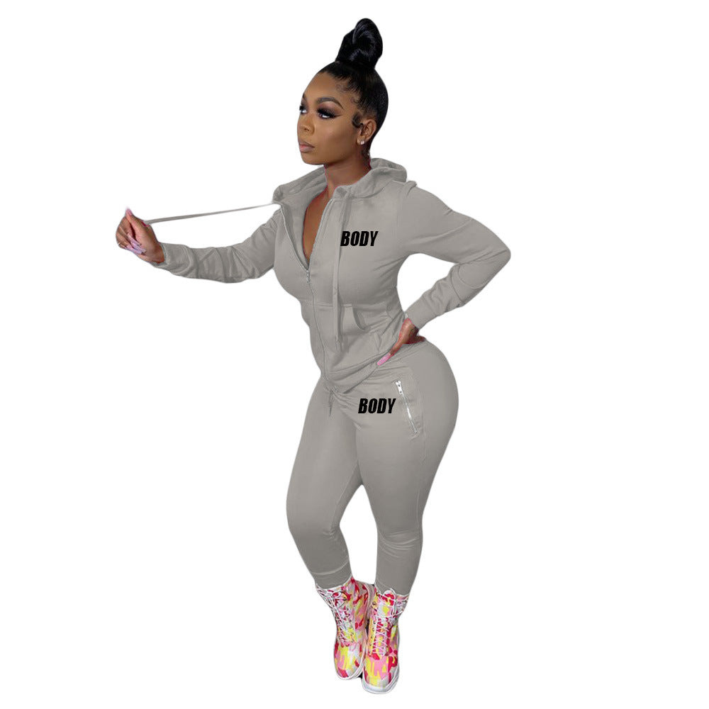 Women's Autumn Letters Printing Personality Zipper Two-piece Clothing
