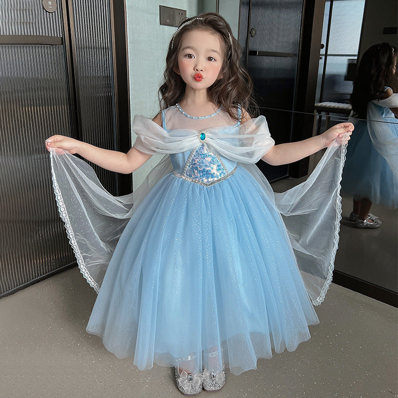 Short Sleeve Elsa Princess Mesh Bubble Children's Dress
