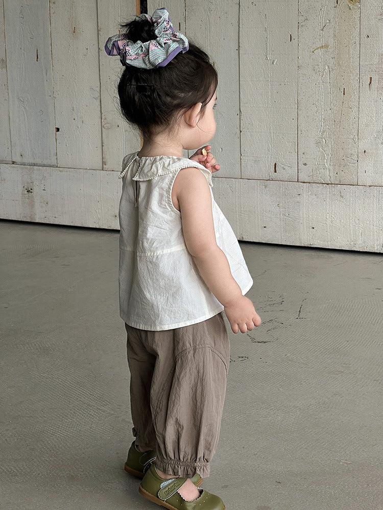 Collar Solid Color Sleeveless Outer Wear Children's T-shirt