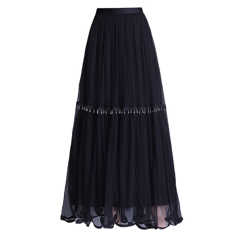 Women's Gauze High Waist Slimming A- Line Beaded Pleated Mesh Mid-length Skirts
