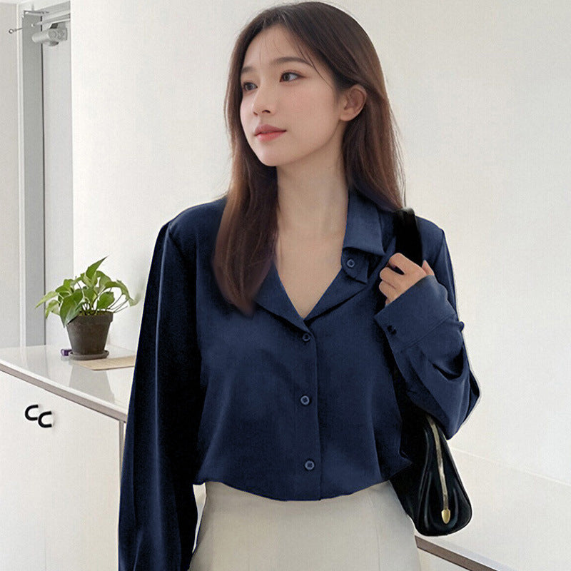 Women's Niche Shirt Retro Style Long Sleeve Solid Color Tops