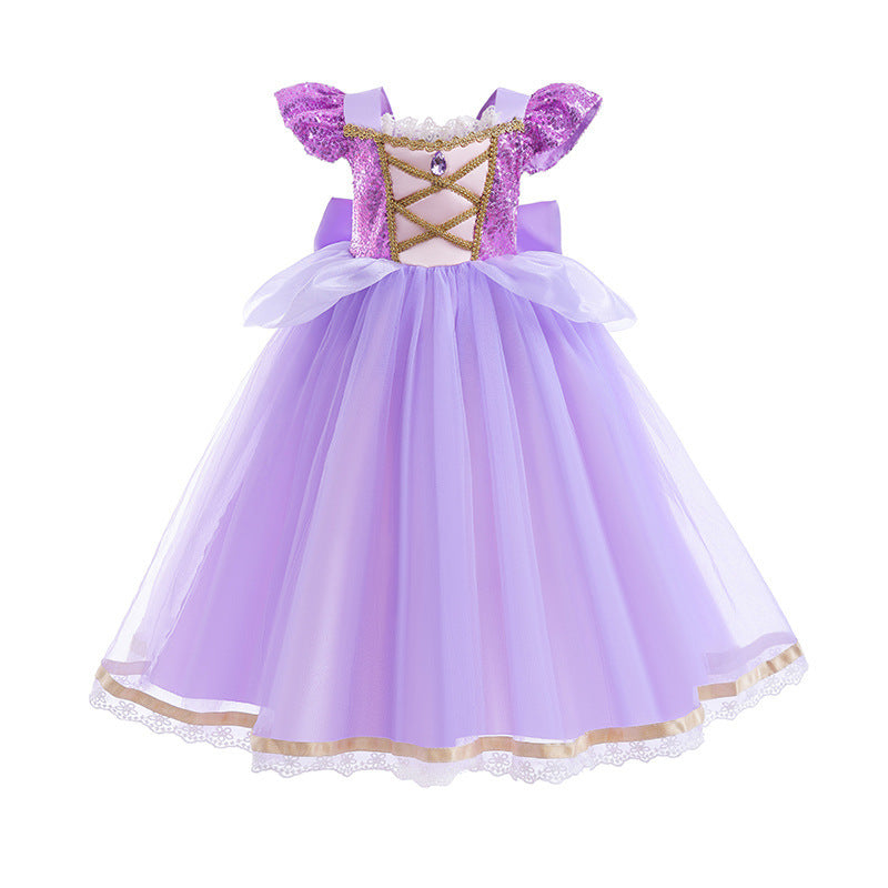 Sequins Stitching Mesh Puffy Long Hair Children's Dress