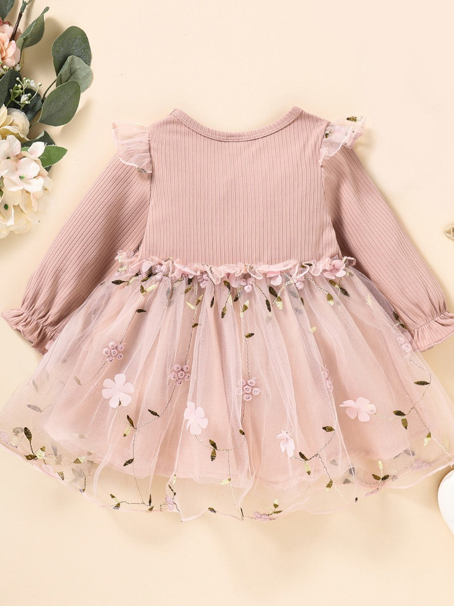 Sunken Stripe Long Sleeve Mesh Embroidered Princess Bow Birthday Children's Dress