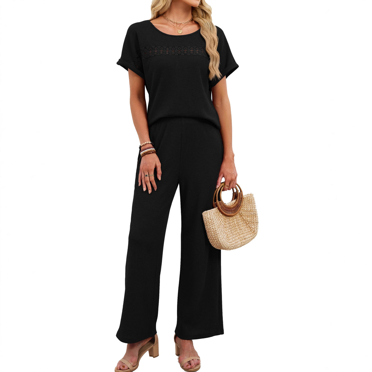 Women's Solid Color Round Neck Lace Ruffled Sleeves Fashion Casual Suit