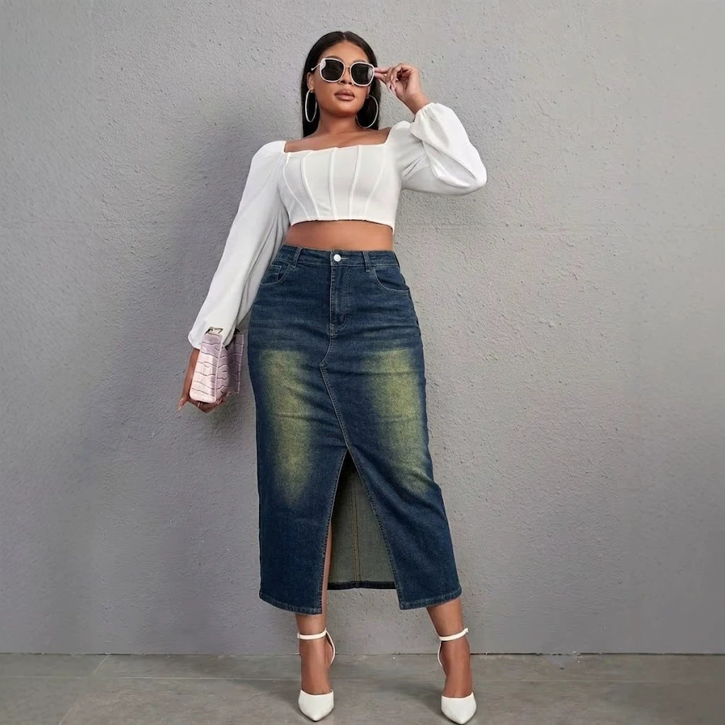 Large High Waist Front Slit Denim Retro Skirt