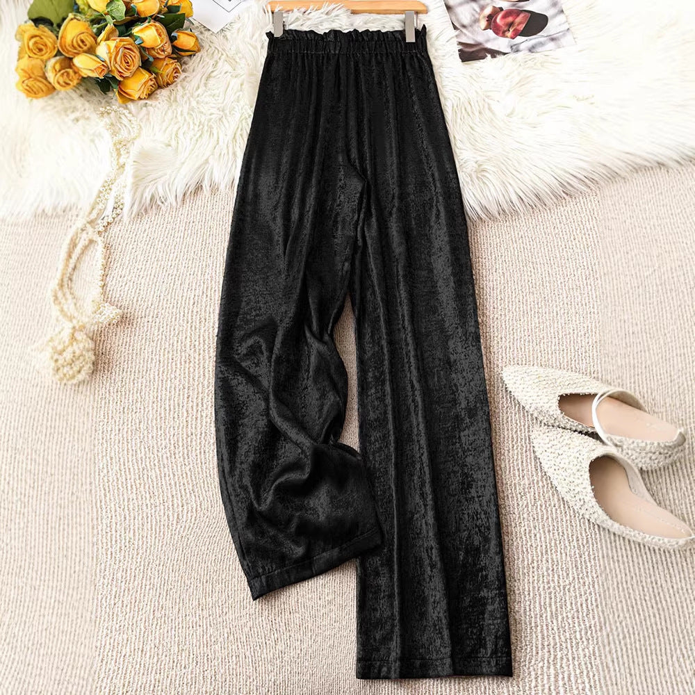 Women's Elastic Waist Golden Pleated Baggy Straight Pants