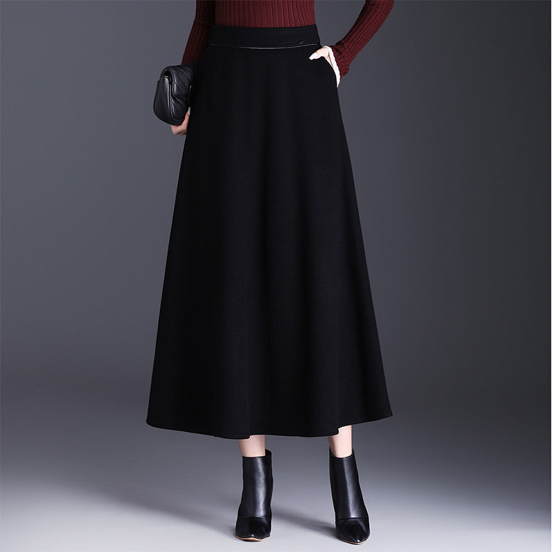 Women's Woolen Thick Winter Dress Mid-length High Waist A- Line Slimming Skirt