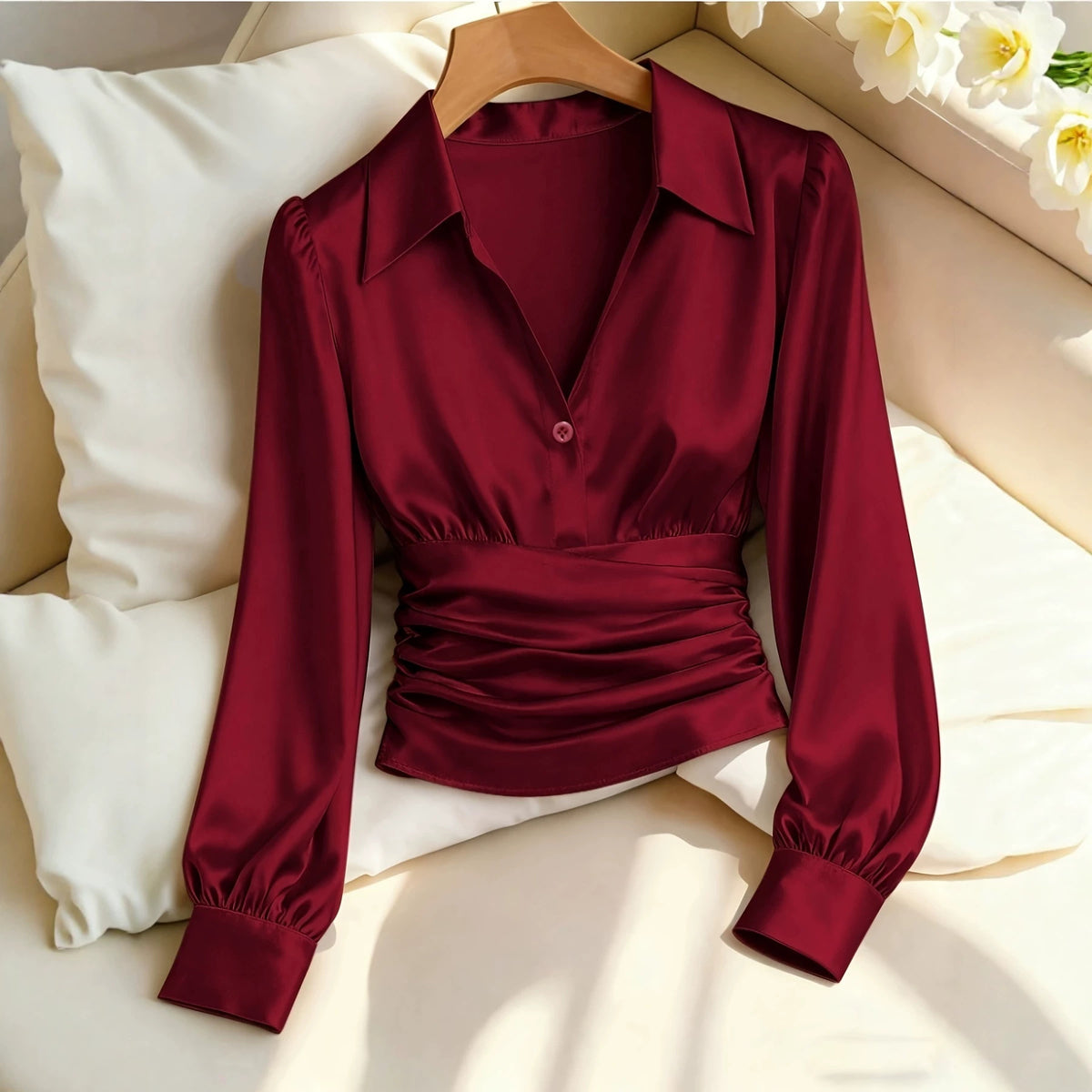 Women's Satin Lapel Shirt Autumn Waist Pleated Elegant Burgundy Collar Puff Blouse