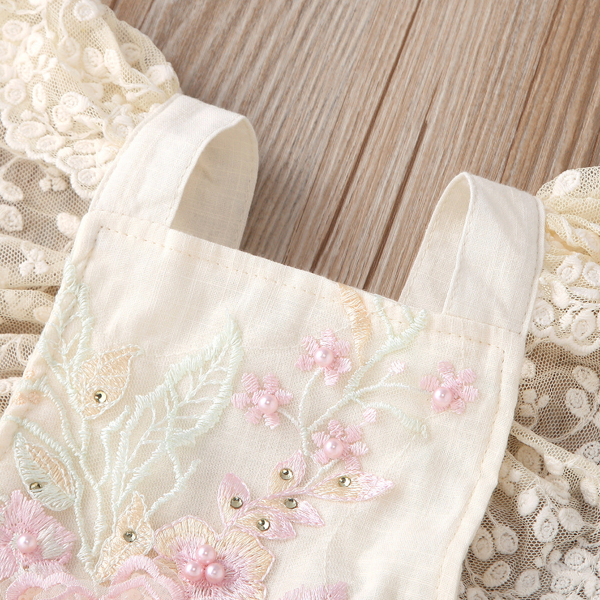 Children's Short Lace Mesh Flounced Sleeve Embroidered Pearl River Delta Jumpsuit, Climbing Suit