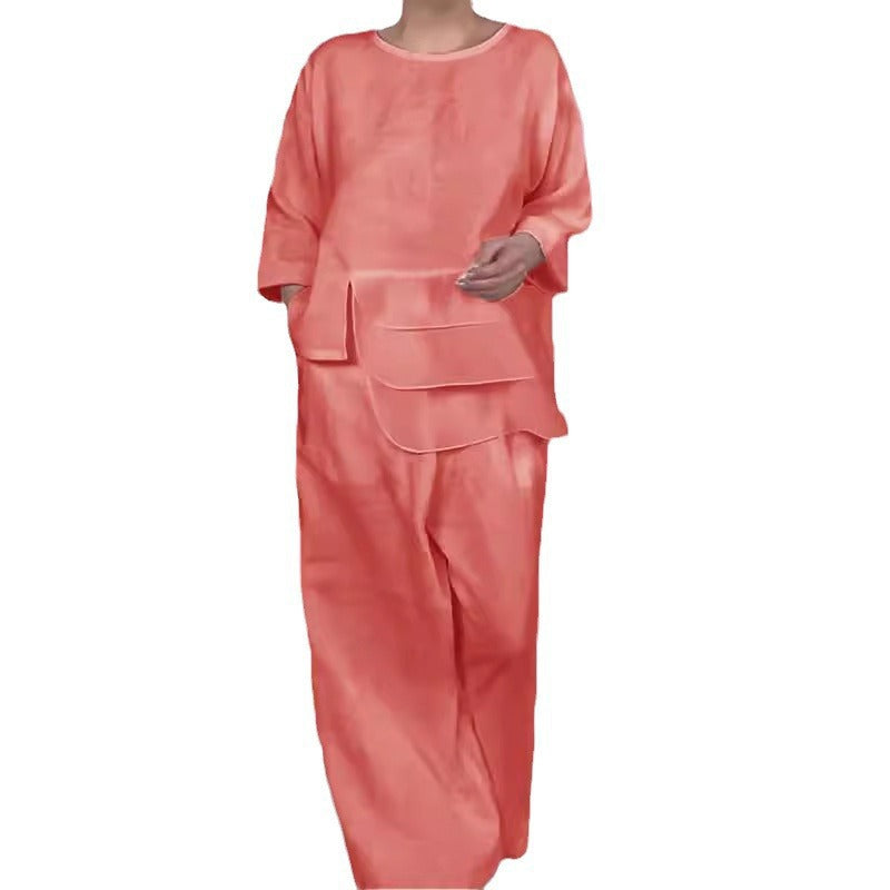 Neck Satin Layered Design Wide Leg Blouses