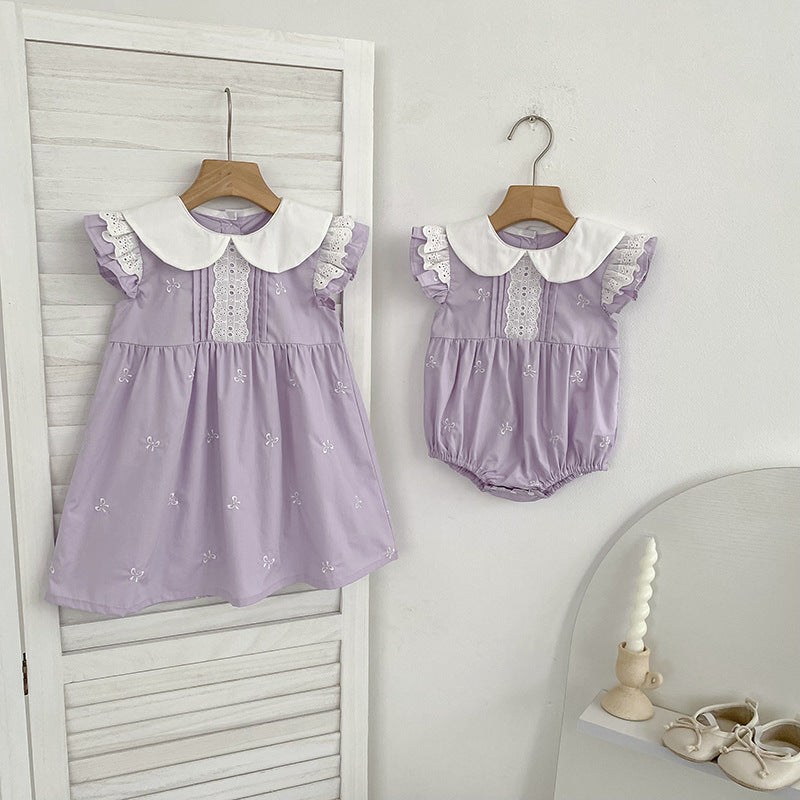 Bow Lace Flounced Sleeve Princess Romper Sisters Children's Dress