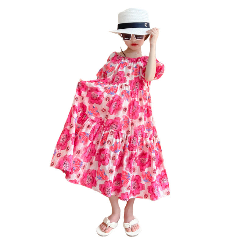 Children's Big Flower Summer Loose Western Style Korean Floral Lazy For Children's Dress