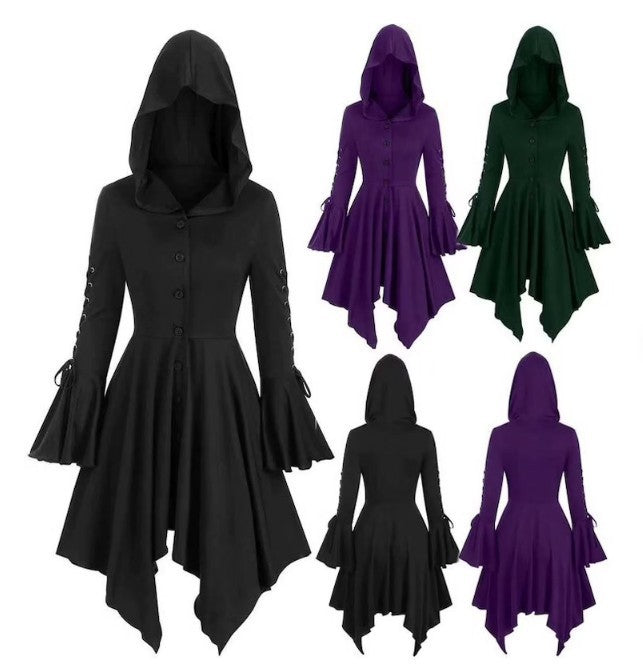 Women's Gothic Hooded Cape Irregular Hem Lotus Skirt