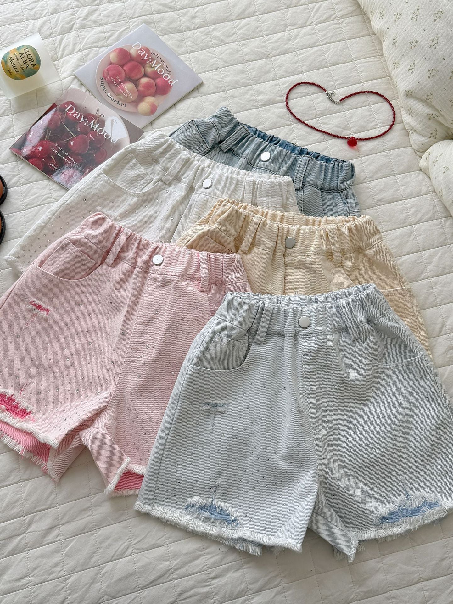 Children's Xie Denim Shorts Hot Drilling Frayed Summer Clothes Fifth Medium Children's Pants