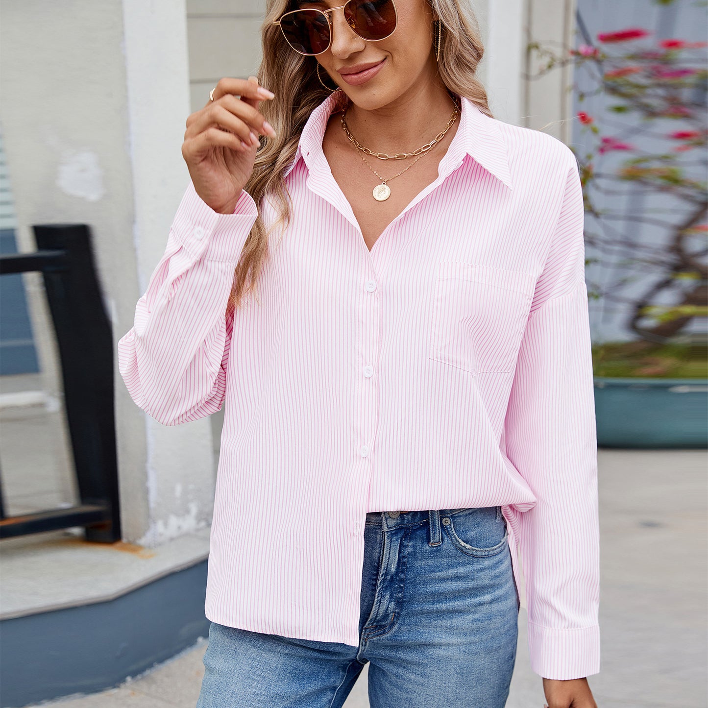 Women's Loose One Breasted Long Sleeve Striped Shirt Blouse
