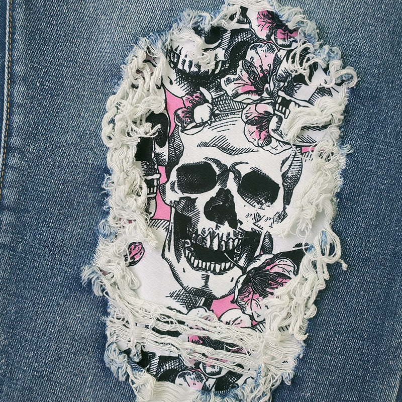 Women's Ripped Trendy Skull Edged Trousers Women's Jeans