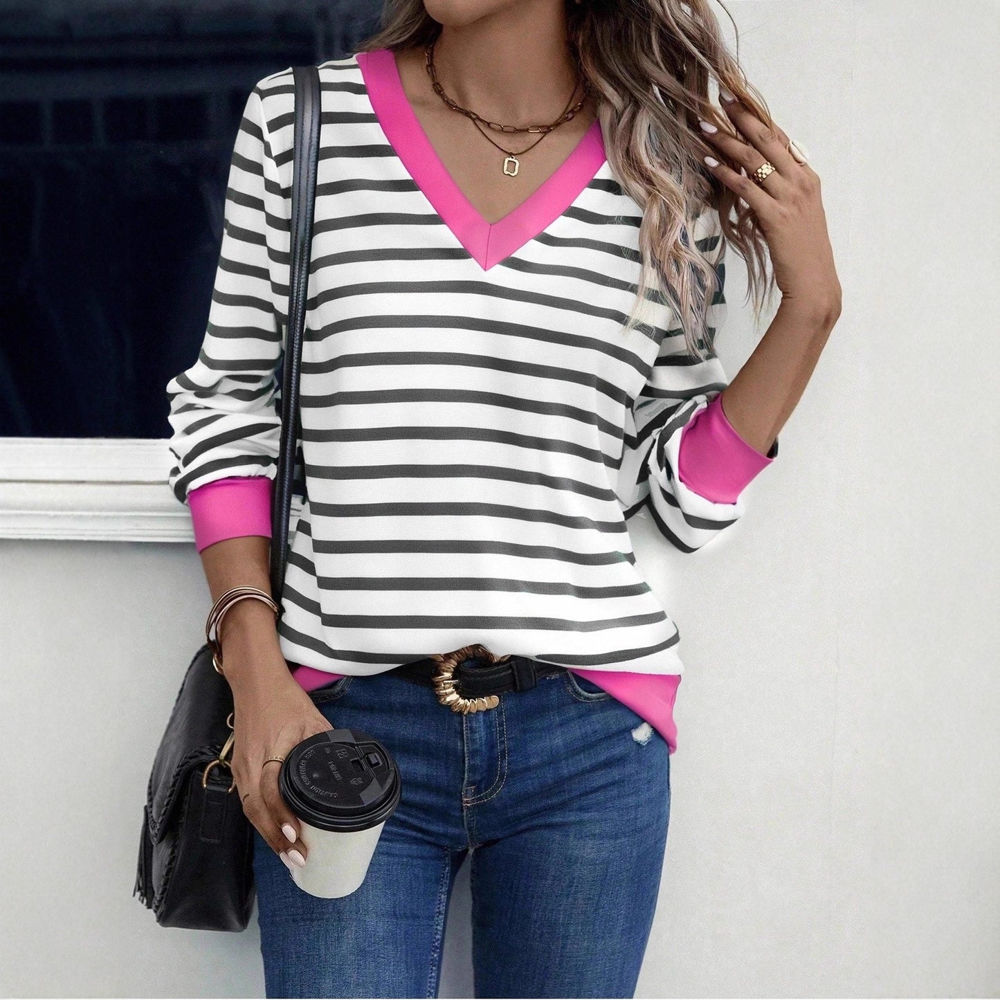 Women's Casual Striped V Neck Pullover Long Women's T-shirt