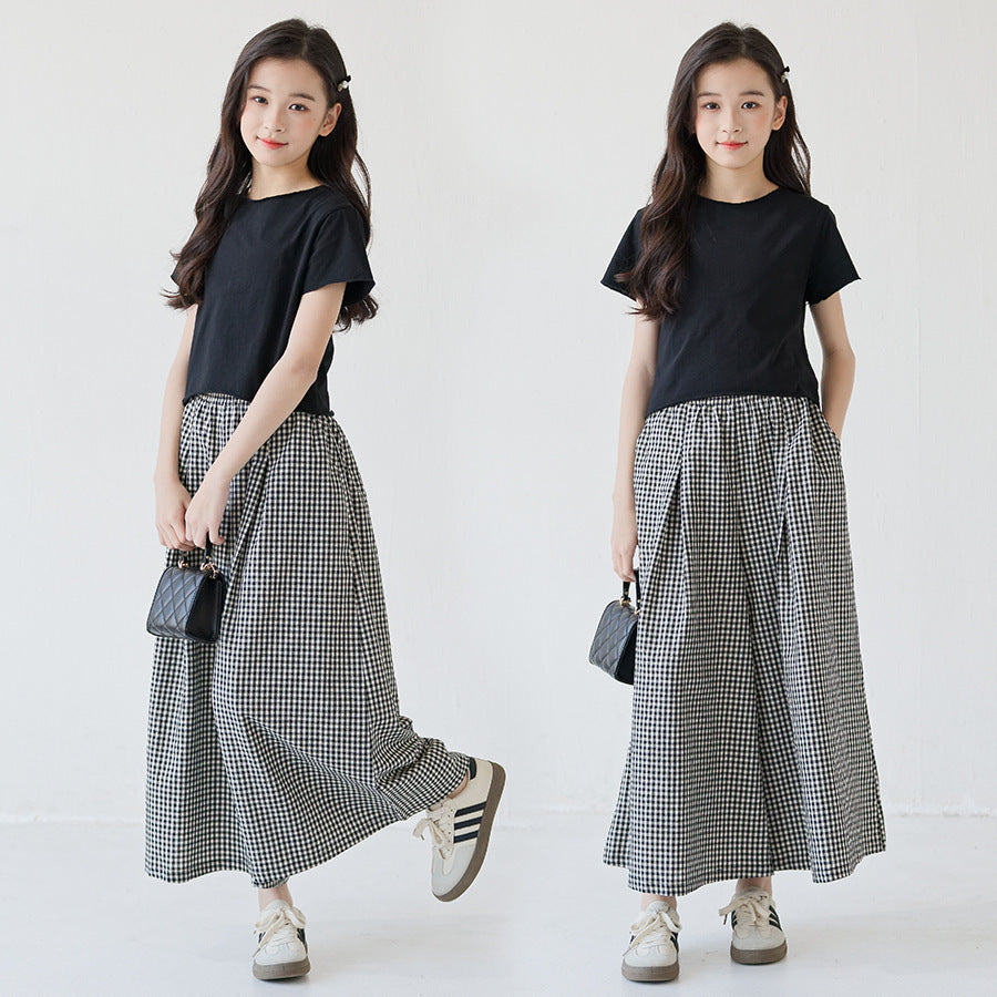 Trendy Tartan Skirt Blouse Pants Casual Short Top Two-piece Children's Suit