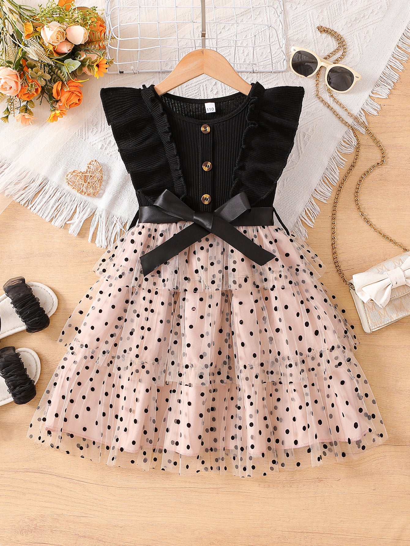 Flying Sleeves Polka Dot Mesh Princess Western Net Yarn Children's Dress