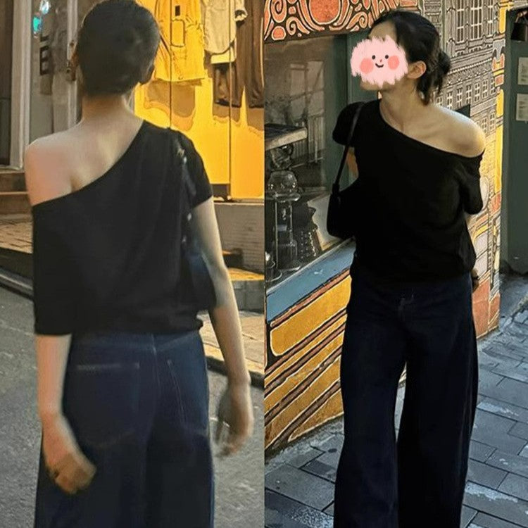 Women's Cotton Off Short-sleeved Summer Solid Color Loose Slimming Slim Fit Women's T-shirt