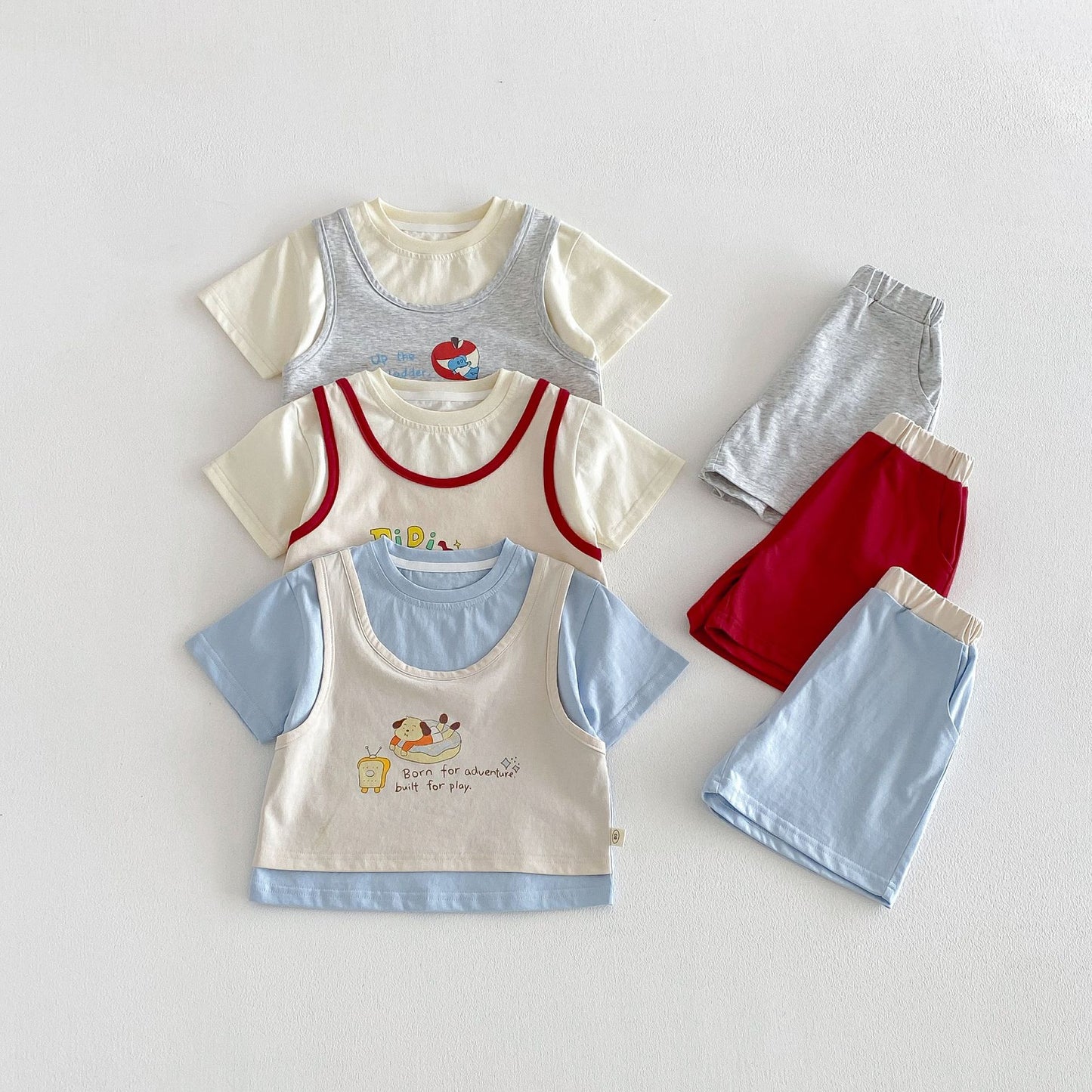 Children's Or Exchange Boy's Sportswear Summer Fake Two-piece Cartoon Printed T-shirt Children's Suit