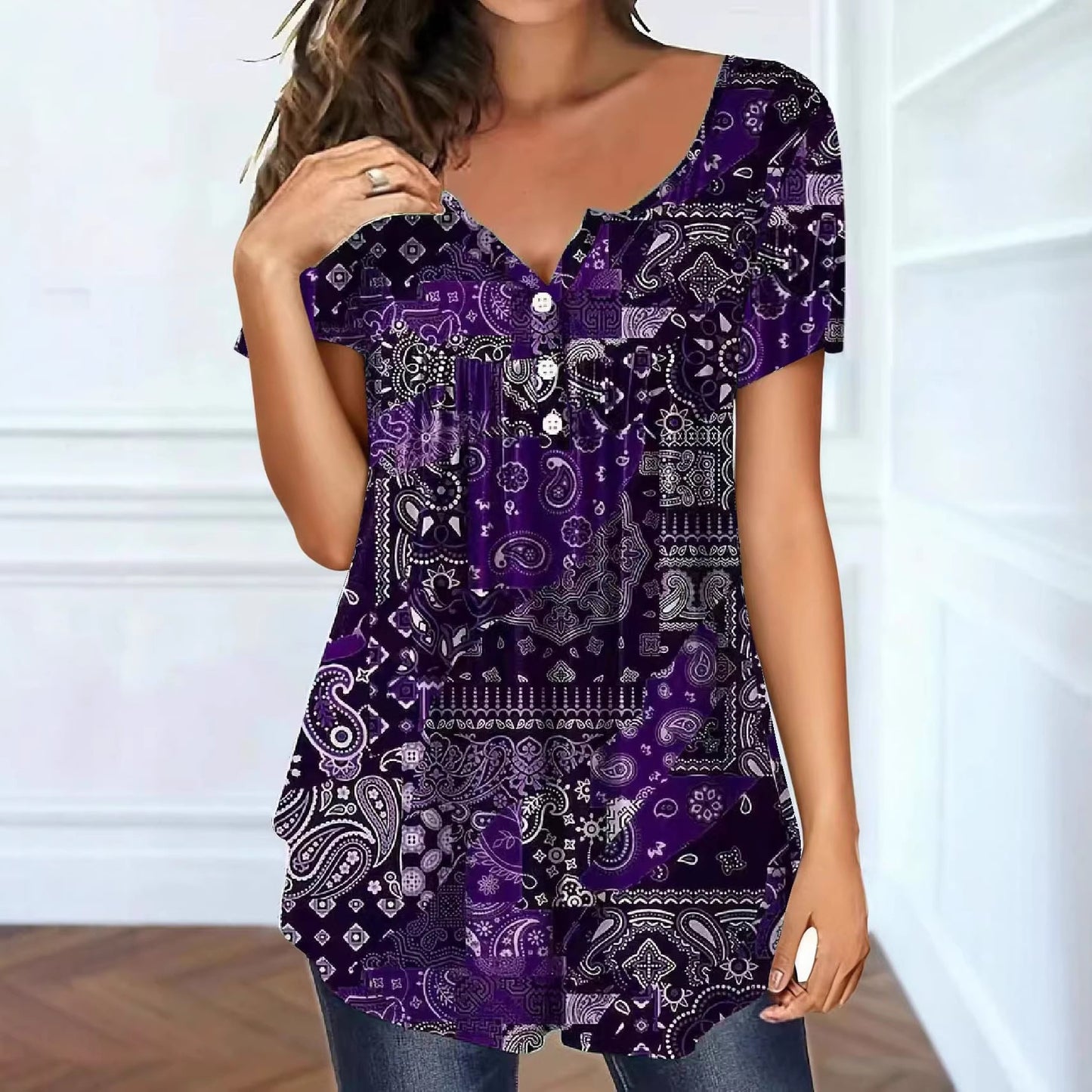 Women's Paisley Pattern Elegant Loose Button Ladies Women's T-shirt
