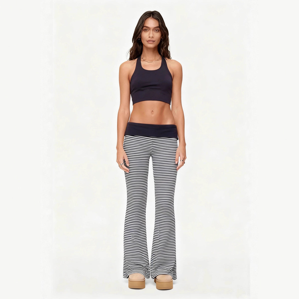 Women's Hot Low Waist Trousers Home Mixed Color Stripe Wide Casual Pants