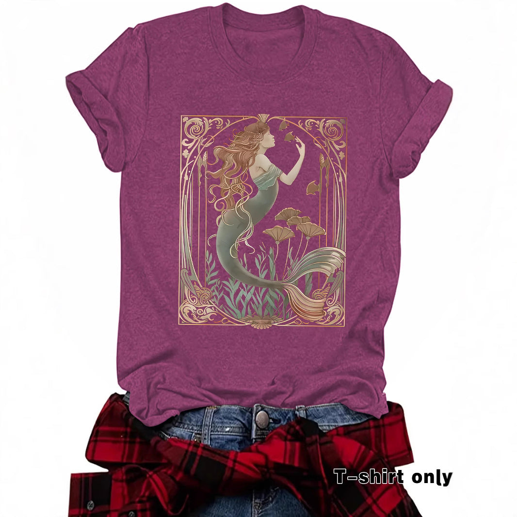 Women's Casual Feminist Mermaid Pattern Summer Round Neck Women's T-shirt