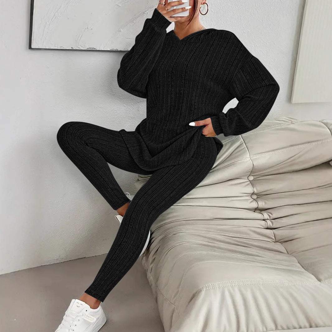 Women's Solid Color Long Sleeve Hooded Trousers Suits