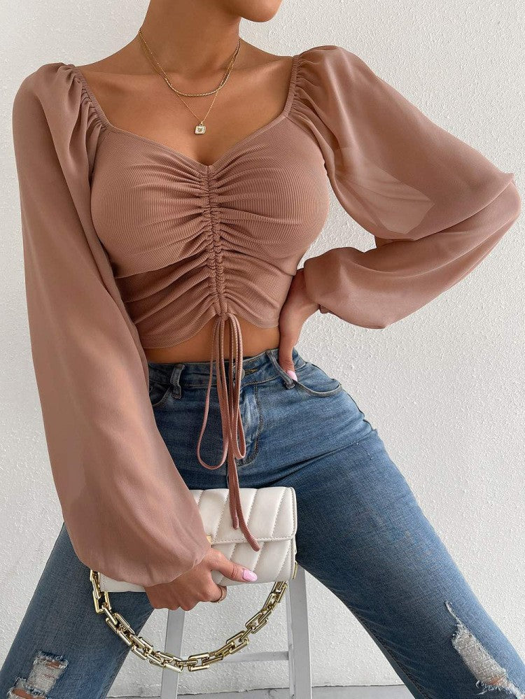 Women's Summer Chiffon Drawstring Lantern Sleeve Skinny Fashion Tops