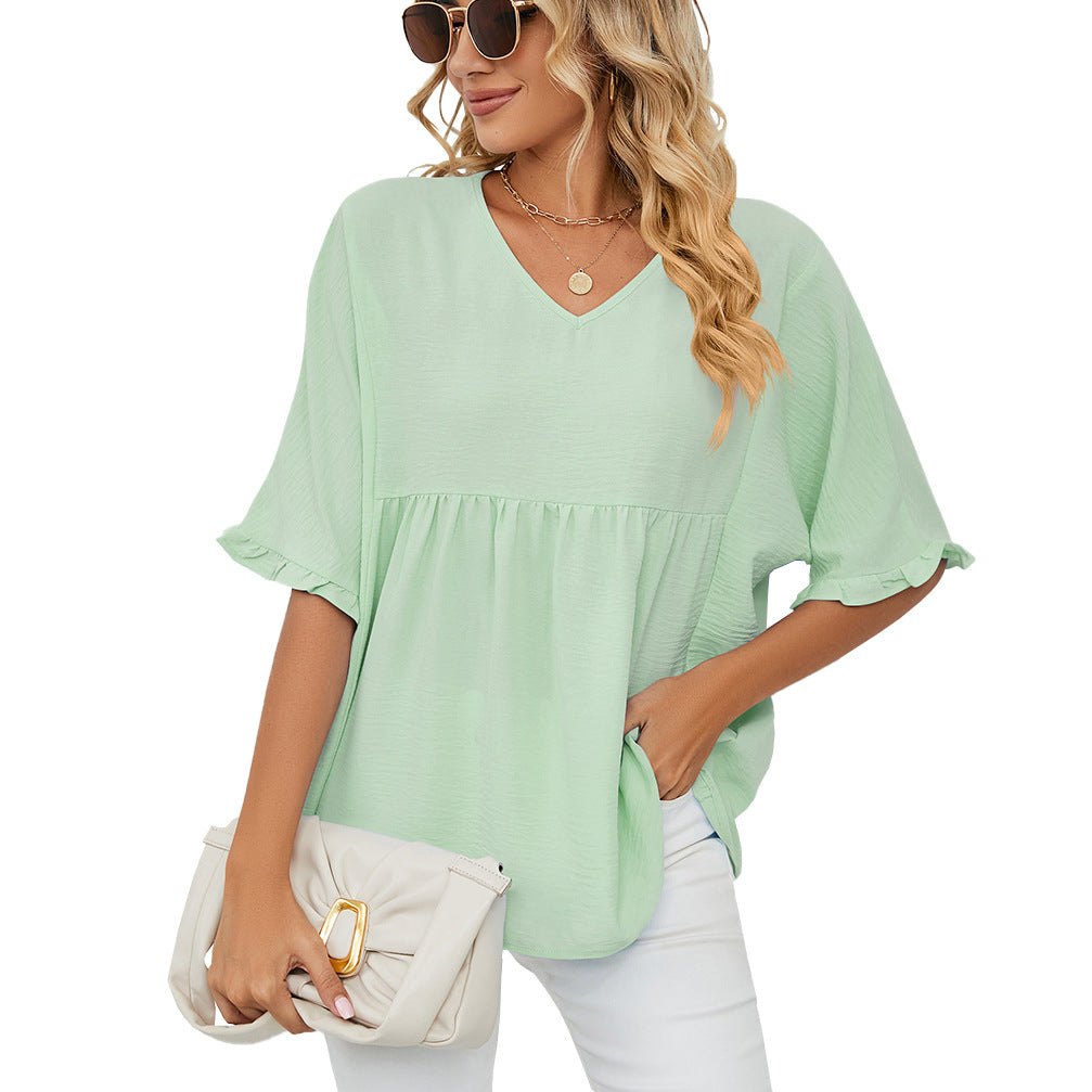 Women's Summer Solid Color Loose Pleated Stitching Half Lace Shirt, Chiffon Shirt