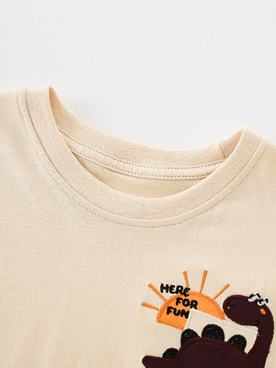 Children's Short-sleeved Cartoon Dinosaur Round Neck Embroidered Children's Suit