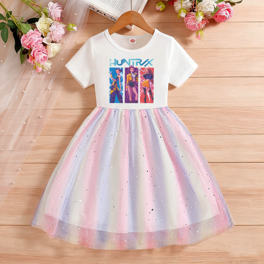 Children's Short Sleeve Clothing Gauze Rainbow Princess Skirt Children's Dress