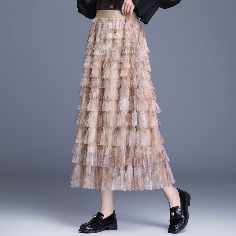 Women's Design Gradient Color Mesh Autumn Cake Dress A- Skirt