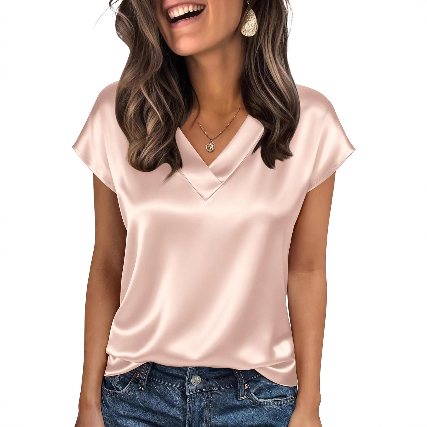 Women's Solid Color Fashionable Satin Short-sleeved Blouse