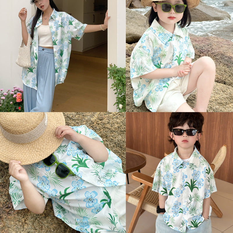 Children's Sleeve Shirt Suit Summer Flower Print Loose Design Niche Medium Parent-child Outfit