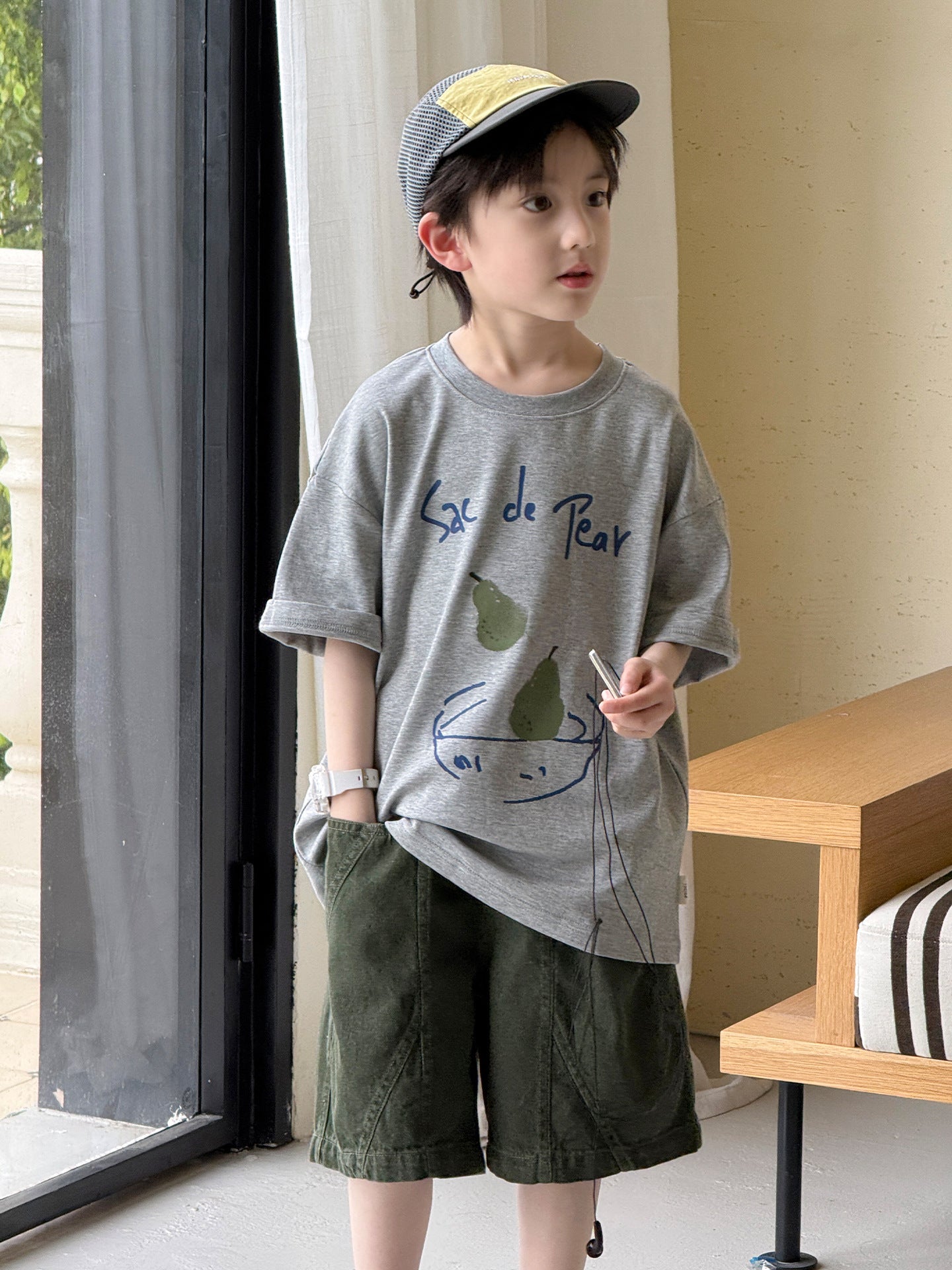 Children's Summer Clothes Boys Korean Style Pear Letter Printed Round Neck Children's T-shirt